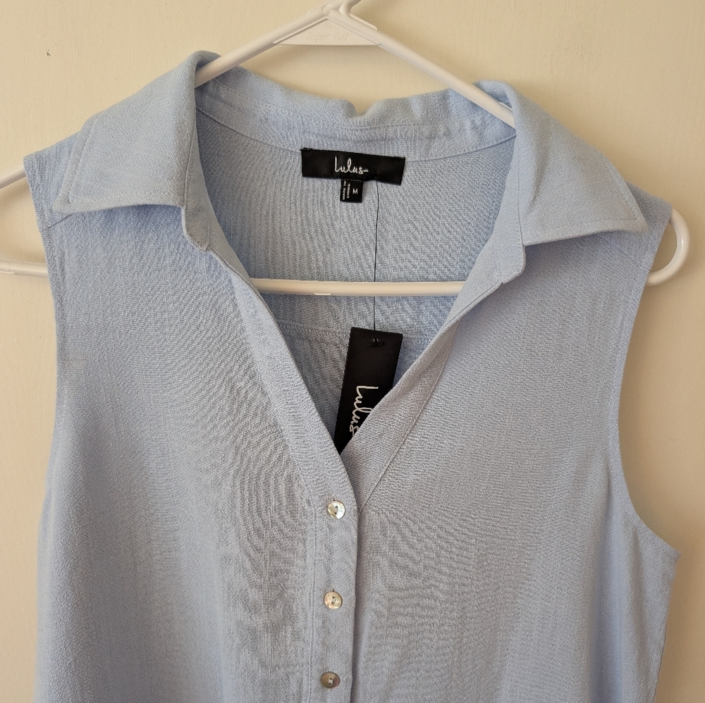 Lulus Womens Medium Sleeveless Button Down Blouse Blue NWT Preppy Academia - Picture 3 of 8